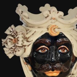Sicilian Moorish Head Planter with pomegranates h 25 ivory line male  - 2