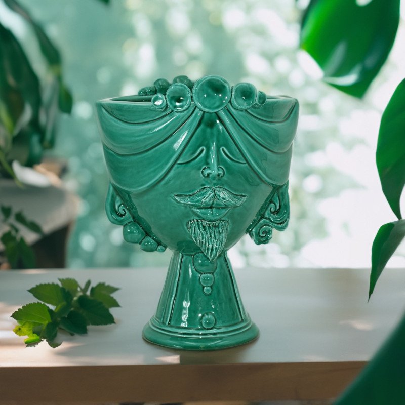 Testa Uomo in Ceramica Caltagirone  Zahira Verde Smeraldo 30cm Genere Uomo  Decoro Verde Integrale Modello Vaso Altezza 30 cm Tipologia Zahira