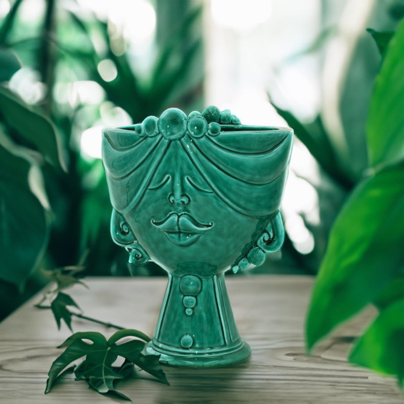 Testa Donna in Ceramica Caltagirone  Zahira Verde Smeraldo 30cm Genere  Donna Decoro Verde Integrale Modello Vaso Altezza 30 cm Tipologia Zahira